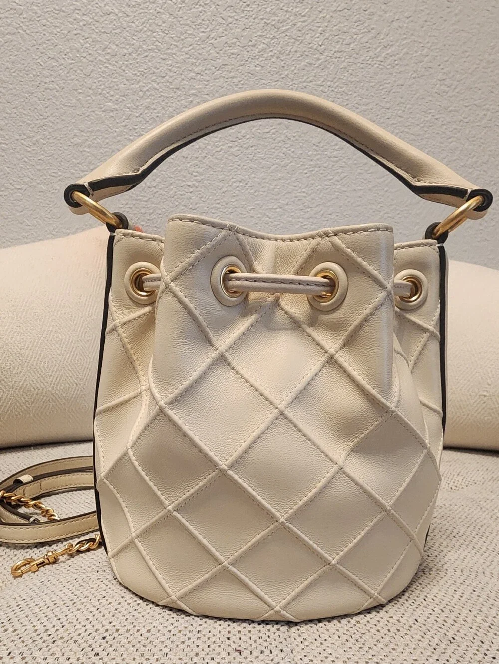 Tory Burch Cream Quilted Drawstring Bucket Bag
